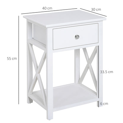 HOMCOM End Table, Sofa Side Table with Drawer X Bar Bottom Storage Shelf, Nightstand Bedside Table for Bedroom or Living Room White 