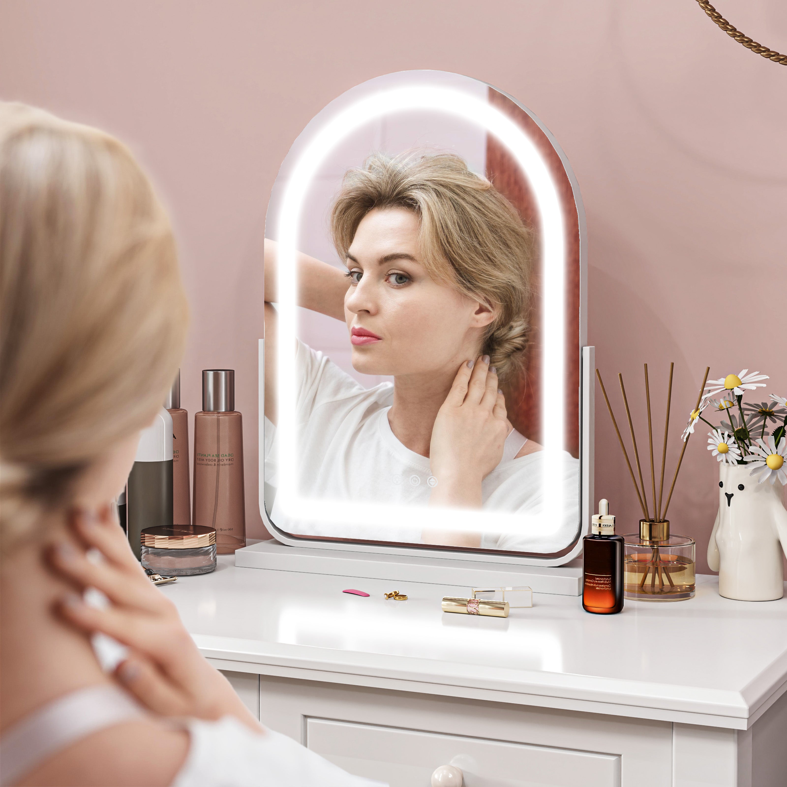 HOMCOM LED Vanity Mirror with Lights, 43 x 59cm Lighted Makeup Mirror with 3 Colour, 360\'c2\'b0 Rotation, Touch Screen, for Bedroom and Dressing Room, White