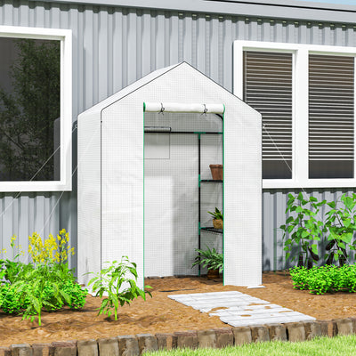 Outsunny 143 x 74cm Walk-In Greenhouse, with Shelves - White 