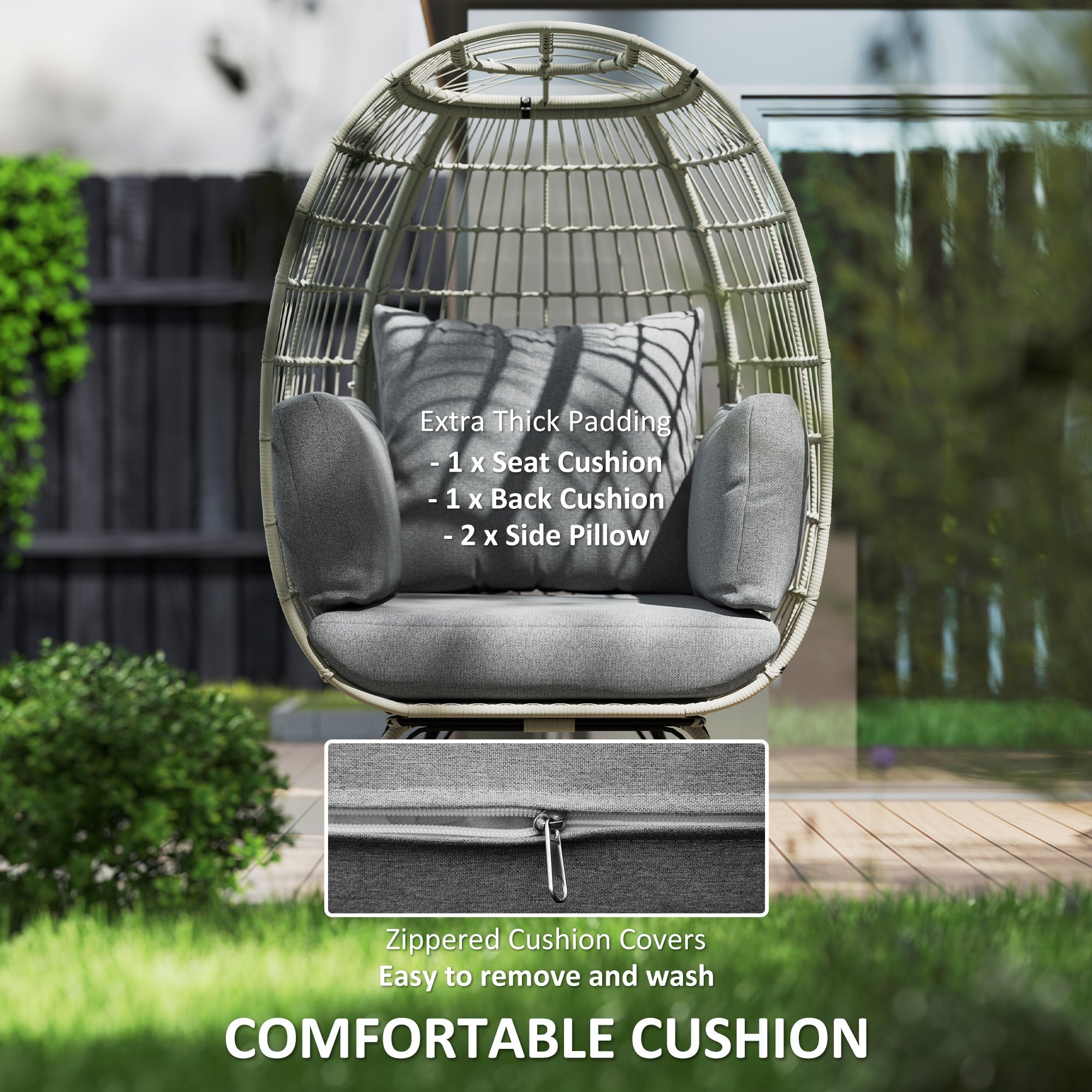 Outsunny Rattan Egg Chair with Cushions and Pillows, Charcoal Grey 