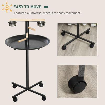 PawHut Metal Bird Table Play Stand, Bird Feeder Station Parrot Perch with Four Wheels Feeding Bowls Round Tray 