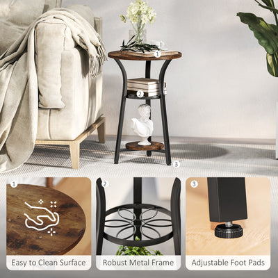 HOMCOM Small Round Side Table with 3 Storage Shelves - Rustic Brown 