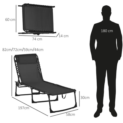 Outsunny Foldable Sun Lounger, Outdoor 4 Level Adjustable Backrest Reclining Chaise Chair, Steel Frame Recliner Chair for Camping, Hiking, Black 