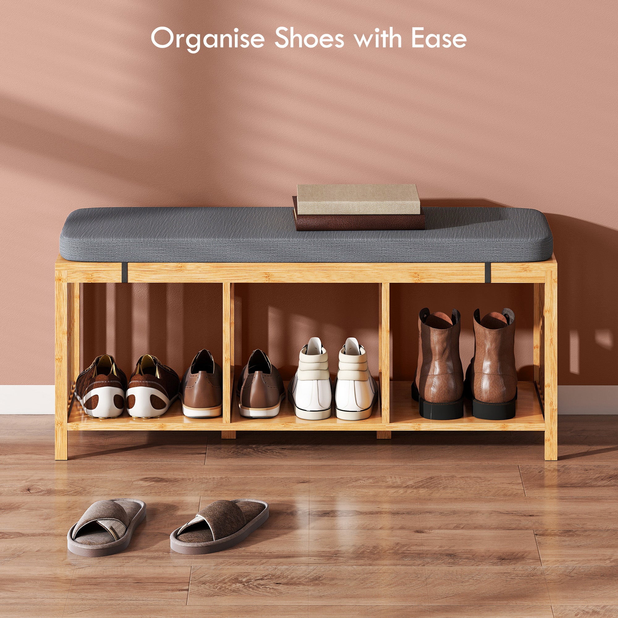 HOMCOM Bamboo Shoe Bench, Entryway Storage Bench with Padded Cushion and Open Shelf, Natural Wood Finish 