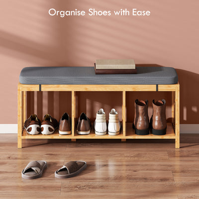 HOMCOM Bamboo Shoe Bench, Entryway Storage Bench with Padded Cushion and Open Shelf, Natural Wood Finish 