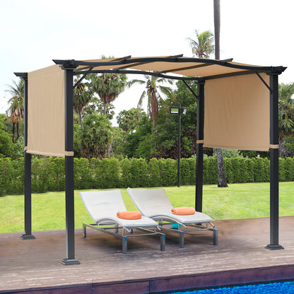 Outsunny Outdoor Retractable Pergola Garden Gazebo with Two Adjustable Side Canopy Overhead Sun Shade Backyard Canopy Cover, Steel Khaki 2.96x2.45x2.3m 