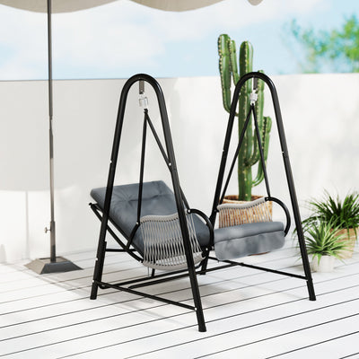 Outsunny Rattan Swing Chair, Outdoor Garden Hanging Swing Seat with Stand and Seat Cushion, Porch Hanging Chair for Balcony, Garden, Deck, Light Grey 