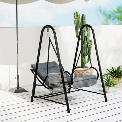 Outsunny Rattan Swing Chair, Outdoor Garden Hanging Swing Seat with Stand and Seat Cushion, Porch Hanging Chair for Balcony, Garden, Deck, Light Grey 