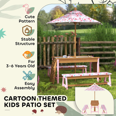 AIYAPLAY Kids Picnic Table Set with Removable & Foldable Umbrella, Cushions, Storage Boxes, Flamingo Theme, Pink 