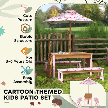 AIYAPLAY Kids Picnic Table Set with Removable & Foldable Umbrella, Cushions, Storage Boxes, Flamingo Theme, Pink 