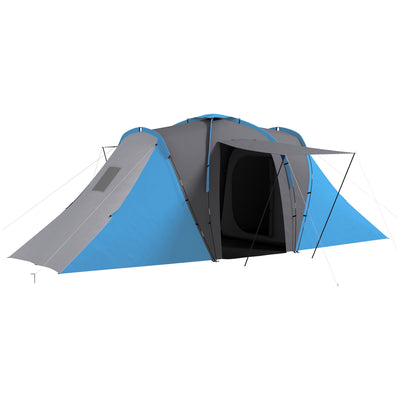 Outsunny Large Camping Tent Tunnel Tent with 2 Bedroom and Living Area, 2000mm Waterproof, Portable with Bag for 4-6 Man, Blue 