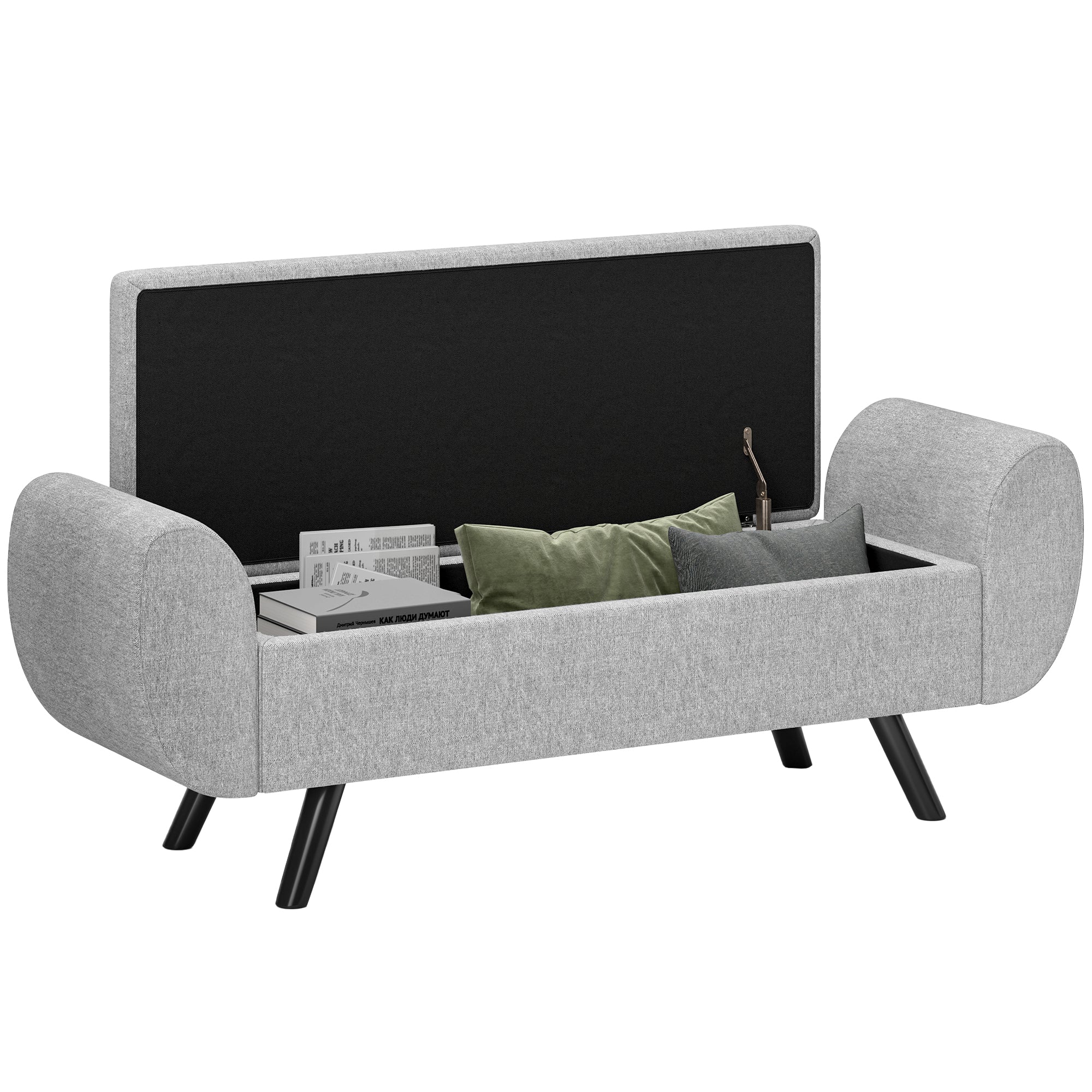 HOMCOM Storage Ottoman with Armrest, Upholstered Linen Storage Bench, Window Seat with Rubberwood Legs, Footstool for Bedroom Living Room, Hallway, Dark Grey 