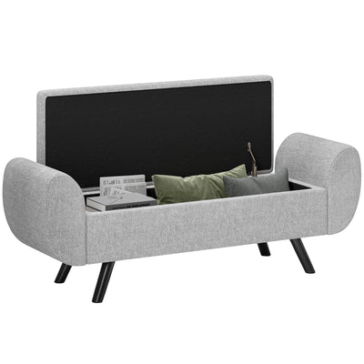 HOMCOM Storage Ottoman with Armrest, Upholstered Linen Storage Bench, Window Seat with Rubberwood Legs, Footstool for Bedroom Living Room, Hallway, Dark Grey 