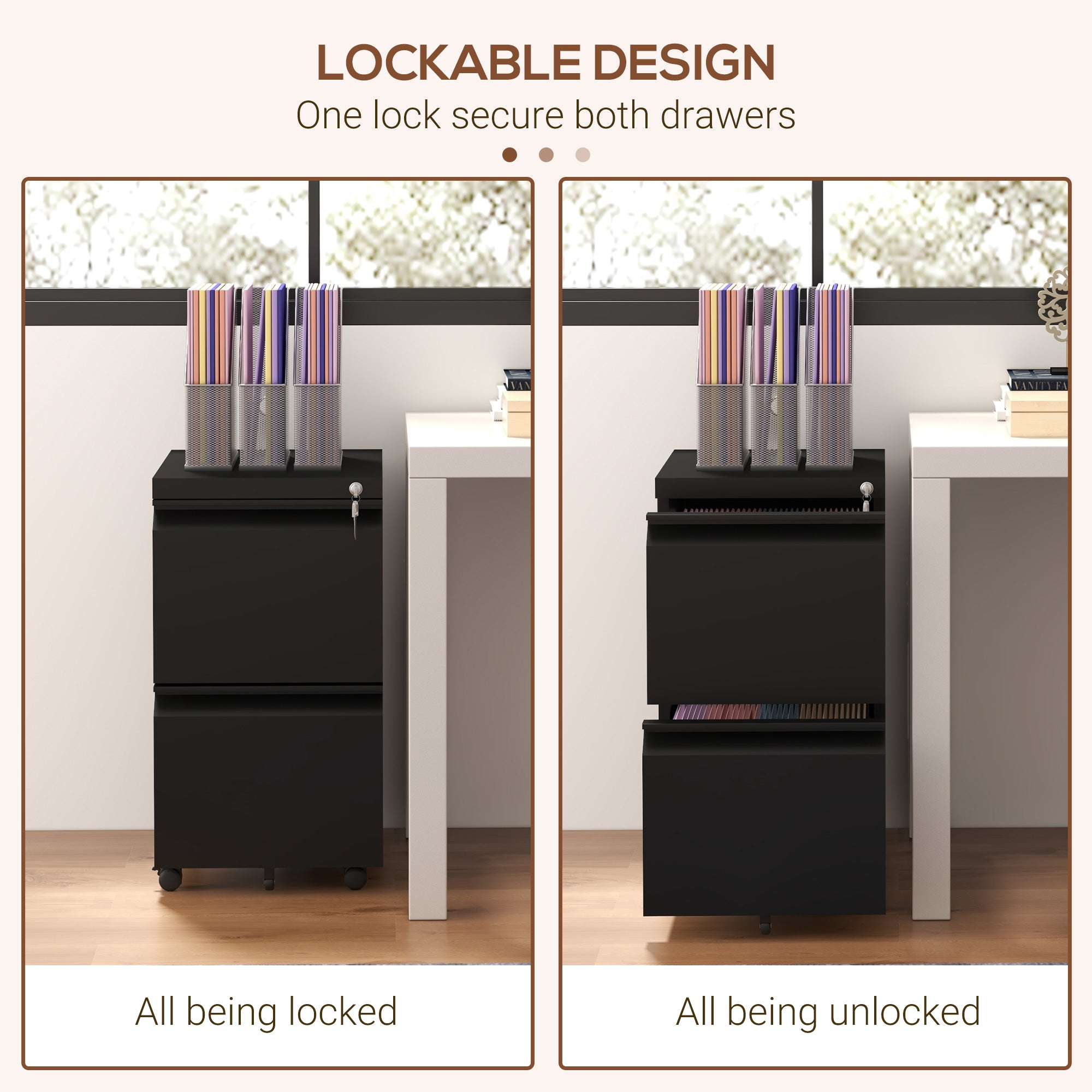 Vinsetto 2-Drawer Mobile Filing Cabinet, Steel Lockable File Cabinet for Letter, A4 and Legal Size, Pre-Assembled Body, Black 