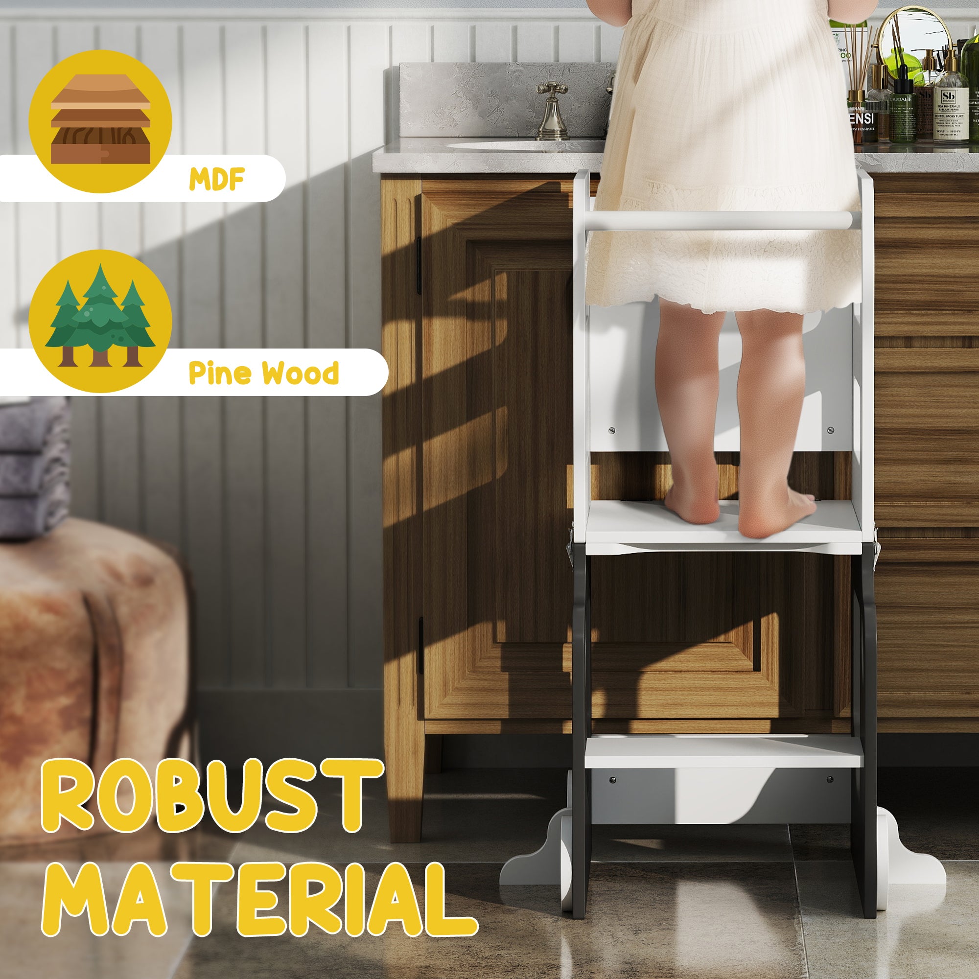 AIYAPLAY Toddler Step Stool, 4 in 1 Standing Tower, Foldable Toddler Step with Safety Rail, for Kitchen, Bathroom, Grey 