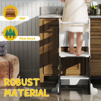 AIYAPLAY Toddler Step Stool, 4 in 1 Standing Tower, Foldable Toddler Step with Safety Rail, for Kitchen, Bathroom, Grey 