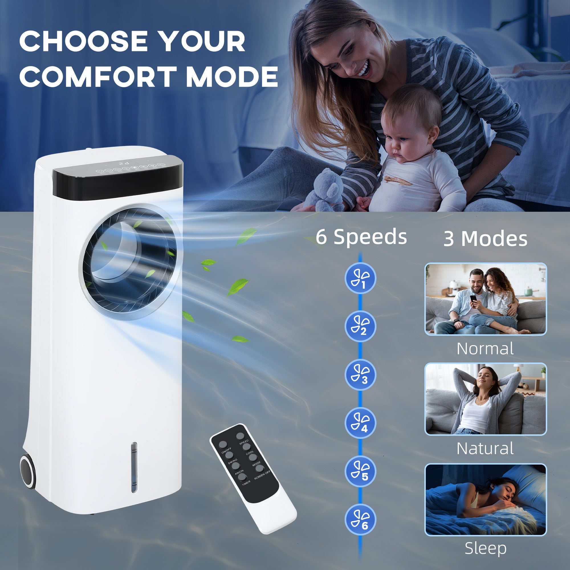 HOMCOM Evaporative Air Cooler, 6.5L 4-in-1 Bladeless Portable Cooler, Fan, Humidifier, Air Clean with Oscillation, 3 Speeds, 24H Timer, Sleep Mode, 2 Ice Packs, Wheels, Remote, for Home Office 