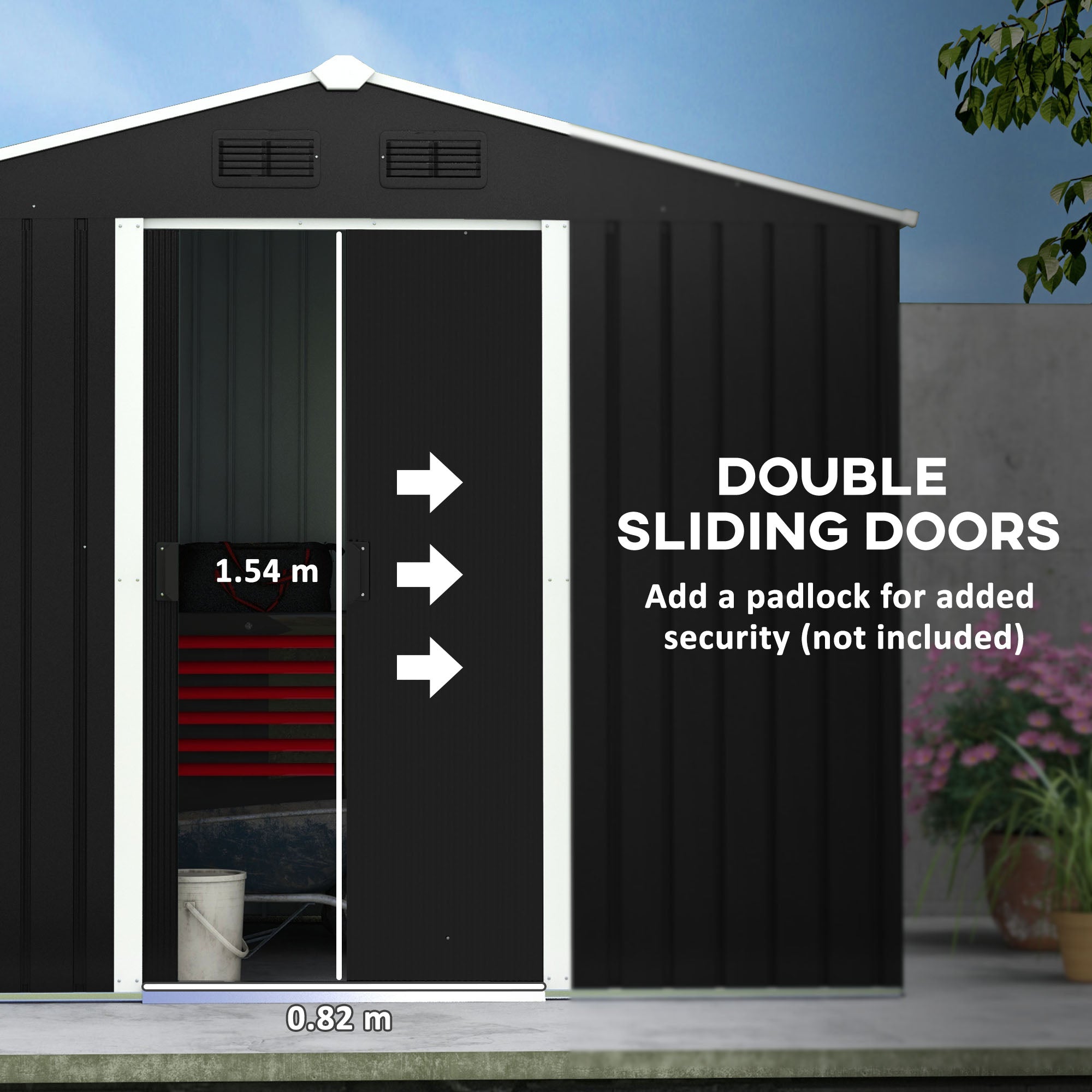 Outsunny 7.7 x 5.7ft Metal Garden Shed, Galvanised Outdoor Tool Storage House with Ventilation Slots and Sliding Doors, Grey 