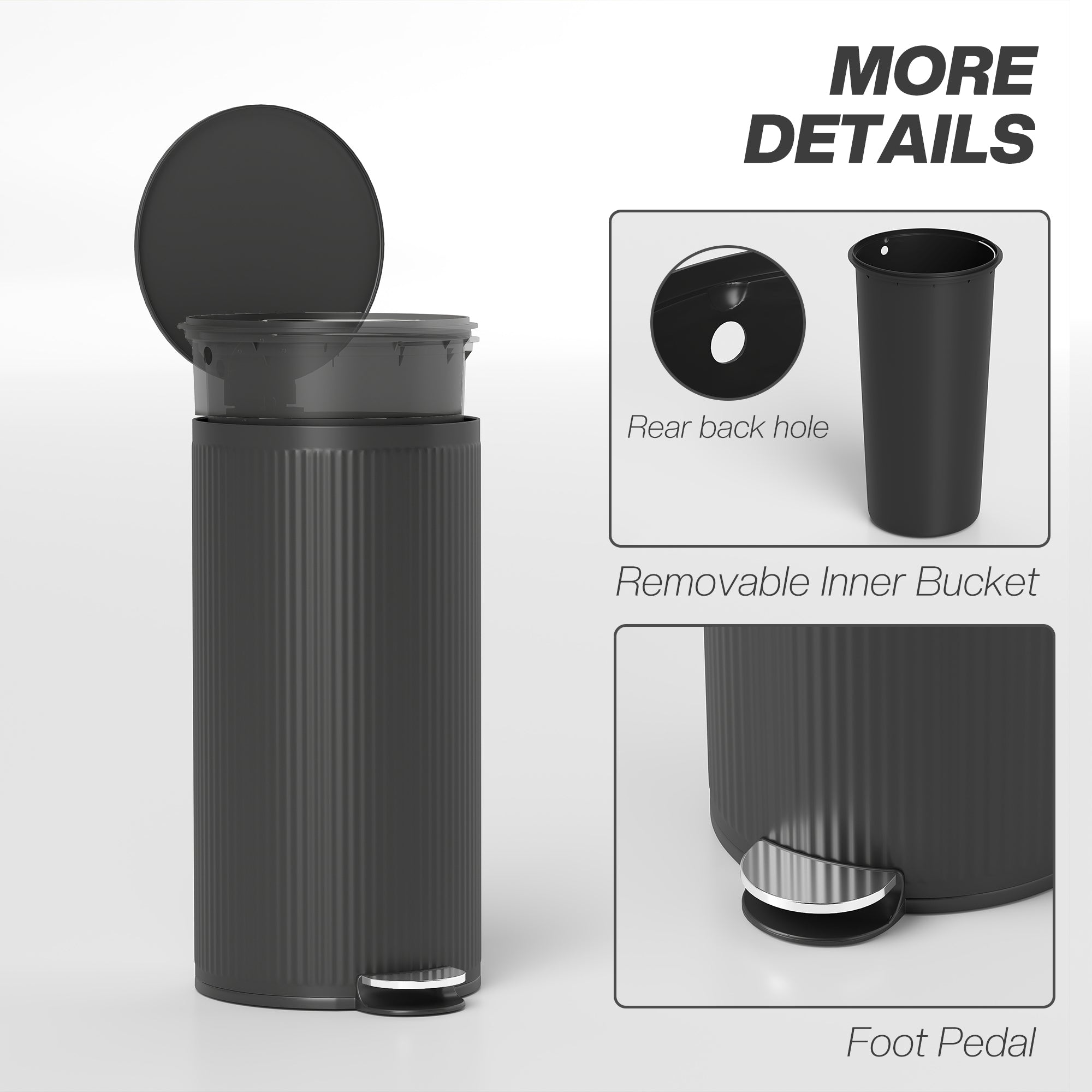 HOMCOM 30 Litre Pedal Kitchen Bin with Soft Close and Stay Open Lid, Rubbish Bin with Removable Inner Bucket for Kitchen, Office, Home, Black 
