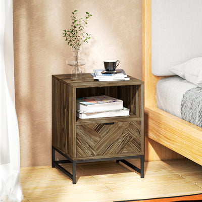 HOMCOM Bedside Table with Drawer and Shelf, Side End Table with Steel Legs for Living Room, Bedroom, Brown Wood Effect 