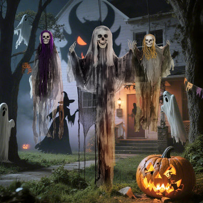 HOMCOM Set of 3 Hanging Skeleton Halloween Decorations, Scary Flying Ghost for Garden, Party, 90/110/170cm 