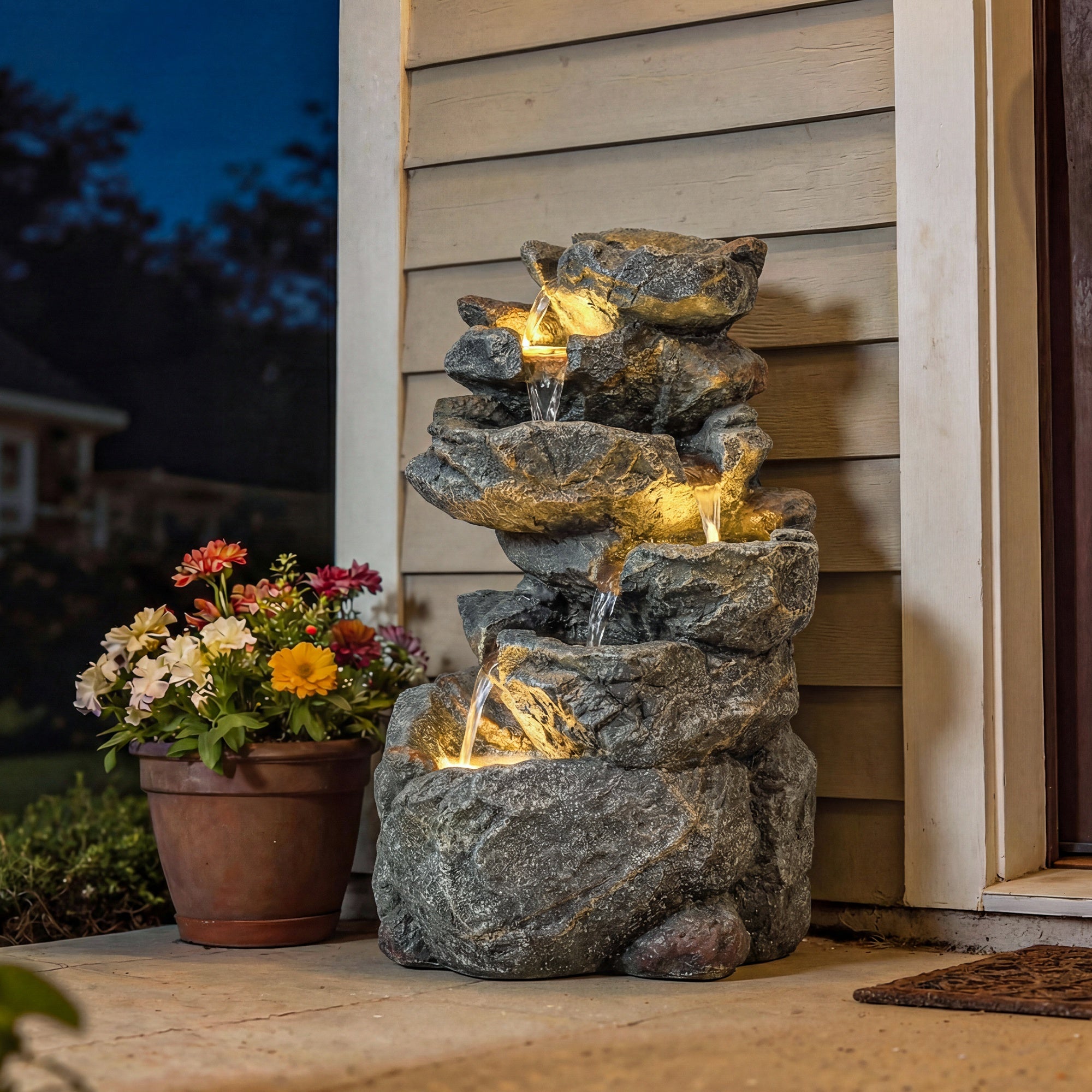 Outsunny Outdoor Water Fountain with 6-Tier Rock Style, Cascading Waterfall Feature with LED Lights, Adjustable Flow, Grey 