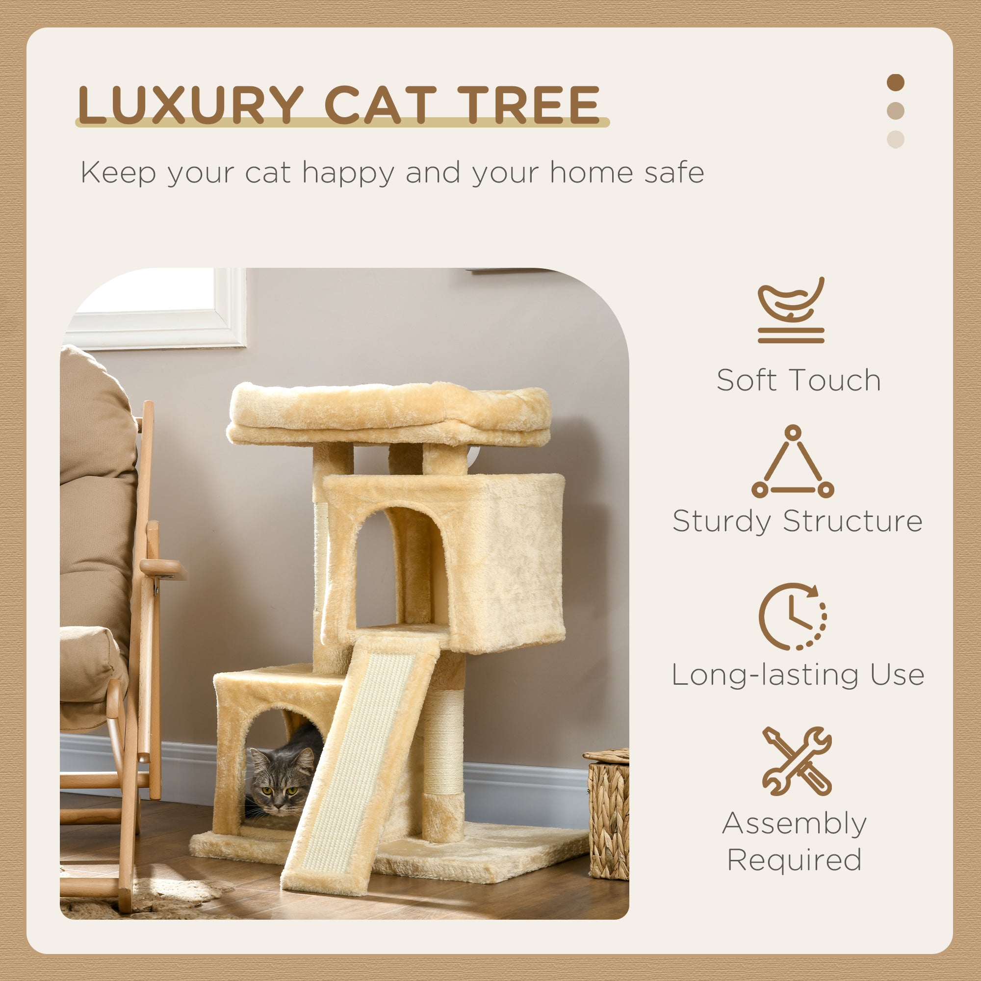 PawHut Sisal Cat Rest & Play Activity Tree w/ 2 House Cream White 