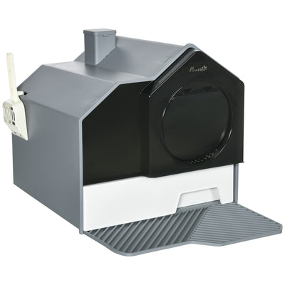 PawHut Hooded Cat Litter Tray with Scoop, Cat Litter Box with Drawer Pan, Handle, Deodorants, Hut Design, Front Entrance, 47 x 45 x 42cm - Grey 