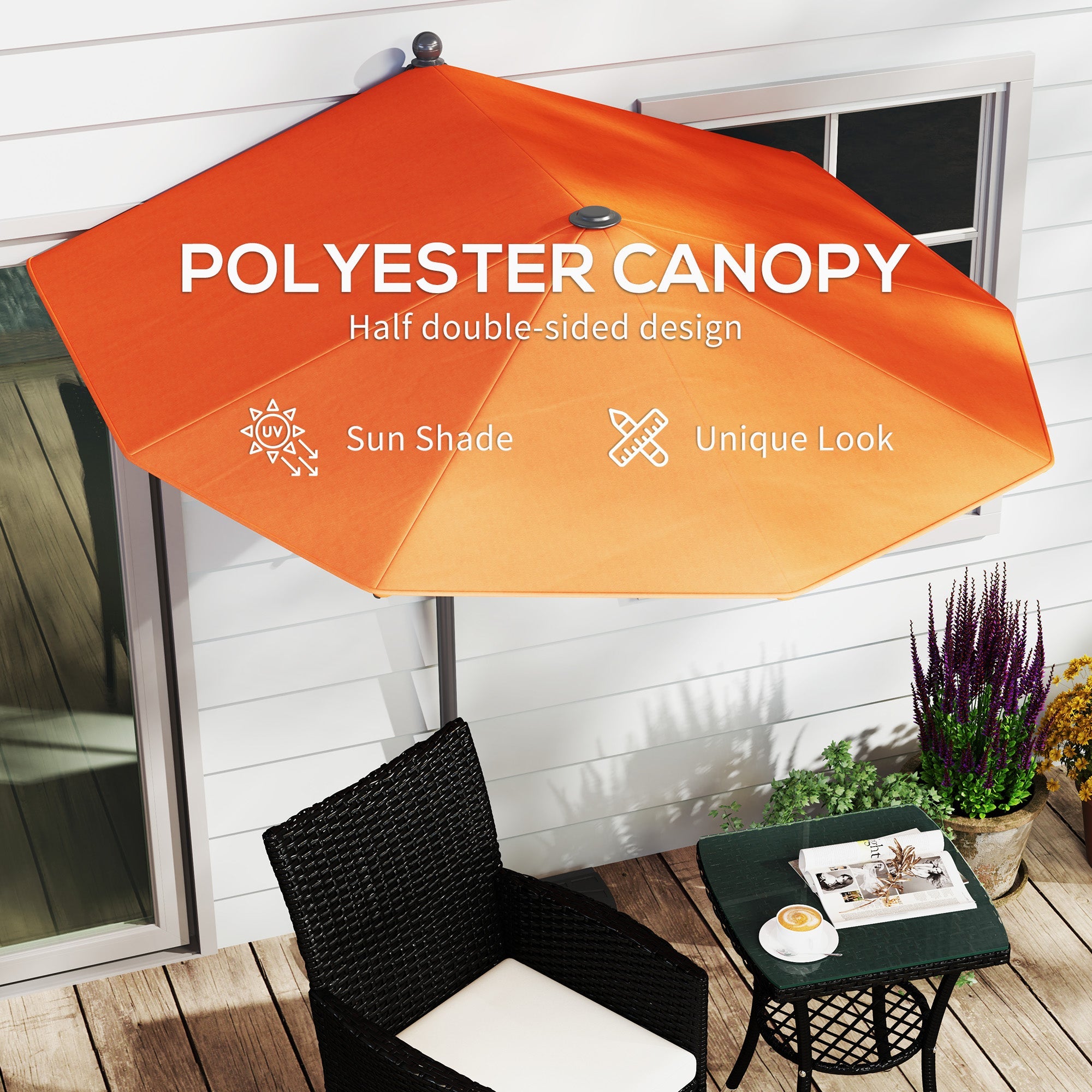Outsunny 2m Half Parasol Market Umbrella Garden Balcony Parasol with Crank Handle, Cross Base, Double-Sided Canopy, Orange 