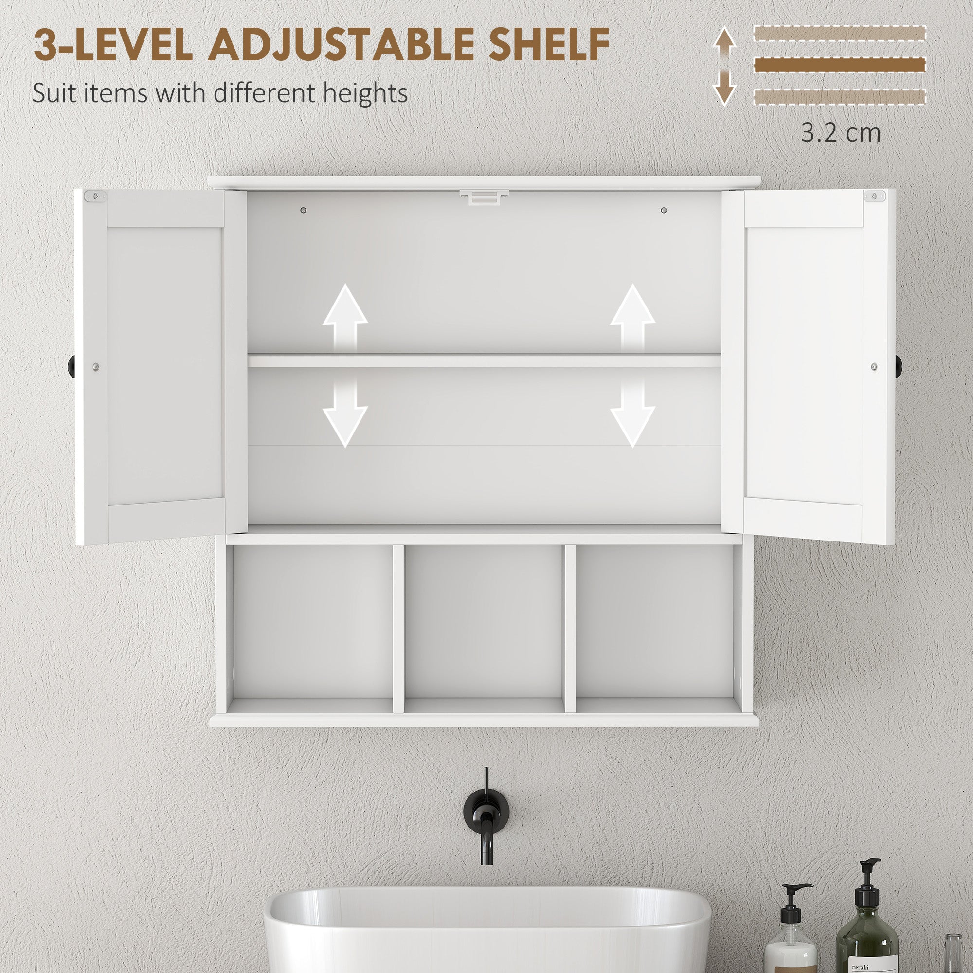 HOMCOM Farmhouse Bathroom Wall Cabinet, Wall Mounted Medicine Cabinet with Adjustable Shelf, Open Compartments, White 