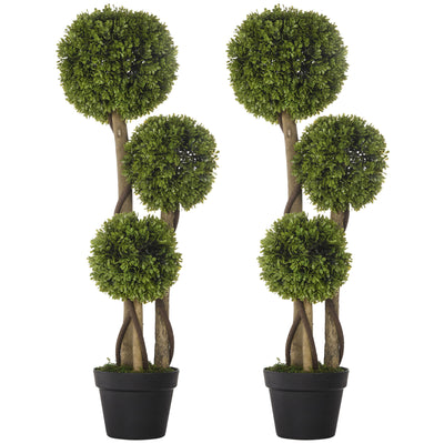 HOMCOM Set of 2 Decorative Artificial Plants, Boxwood Ball Topiary Trees in Pot Fake Plants for Home, Indoor&Outdoor Decor, 90 cm, Light Green 