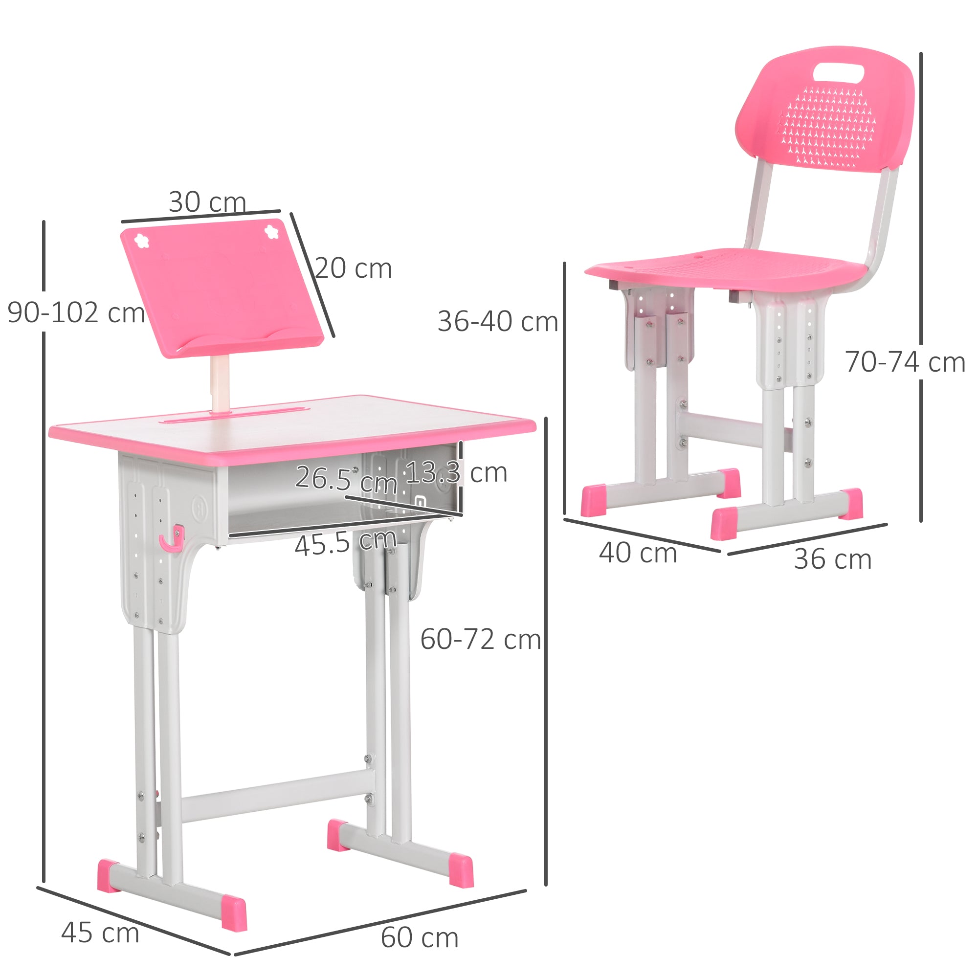 HOMCOM Kids Adjustable Desk and Chair Set, Book Stand, Pen Slot - Pink 