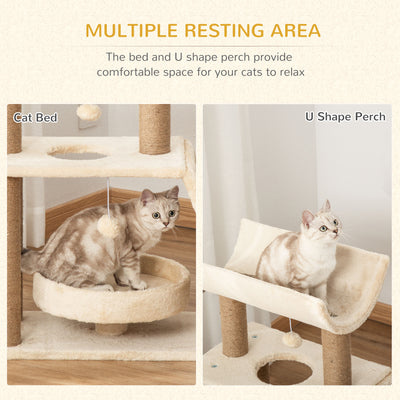 PawHut Cat Tree Tower, with Scratching Posts, Pad, Bed, Perch, Toy Ball - Light Brown 
