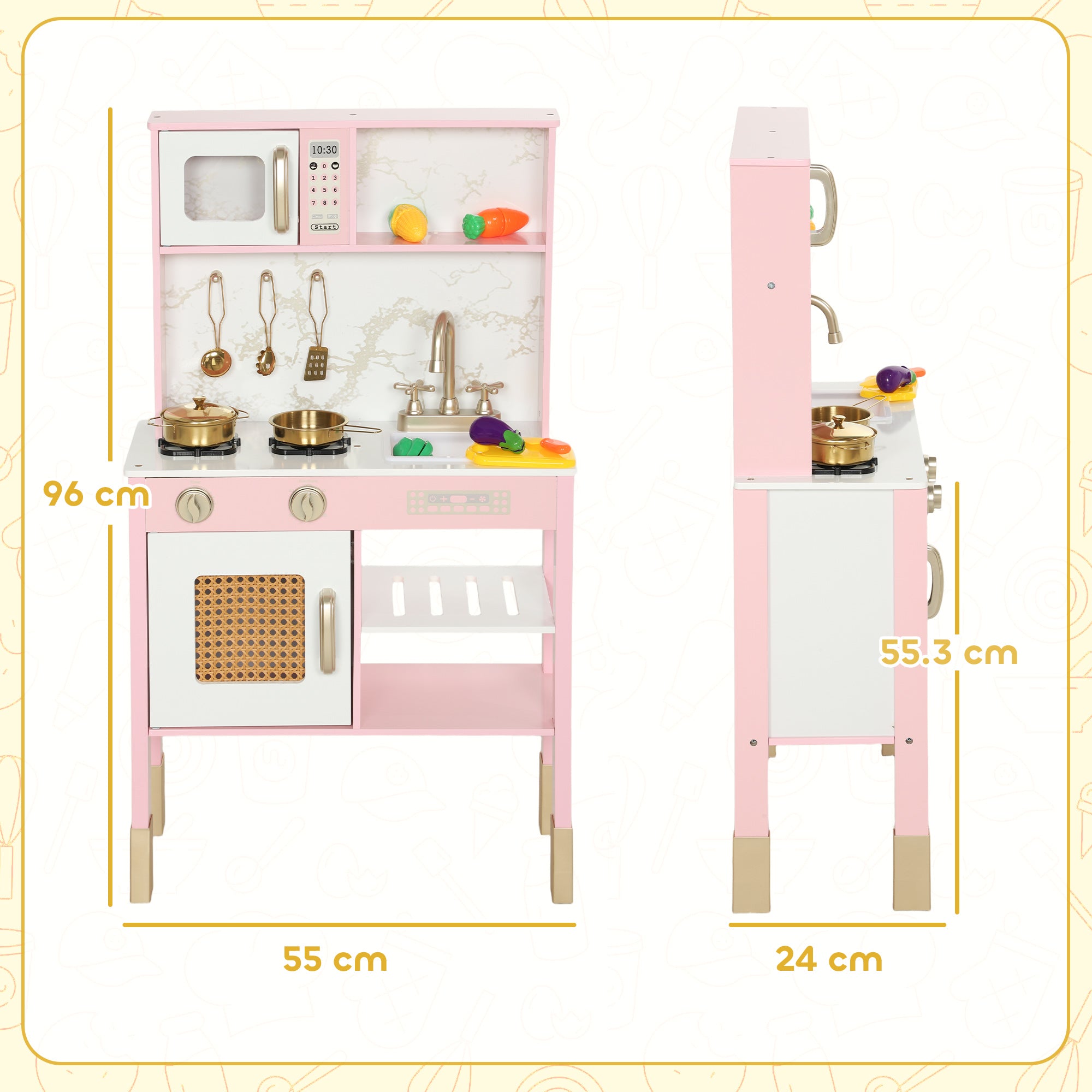 AIYAPLAY Kitchen Playset with Pretend Play Cooking Accessories, Play Kitchen with Oven, Microwave and Sink, Pink 
