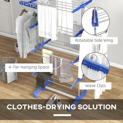 HOMCOM Four-Shelf Collapsing Clothes Horse, With Side Arms and Wheels - Blue 