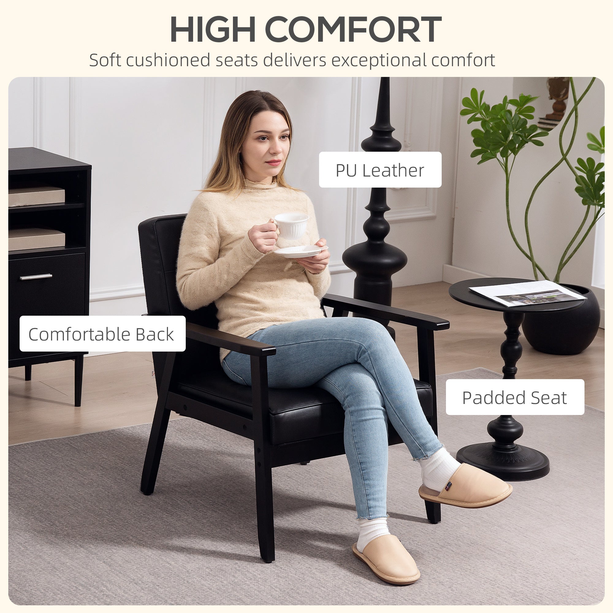 HOMCOM Retro-Style Accent Chair, with Faux Leather Seat - Black