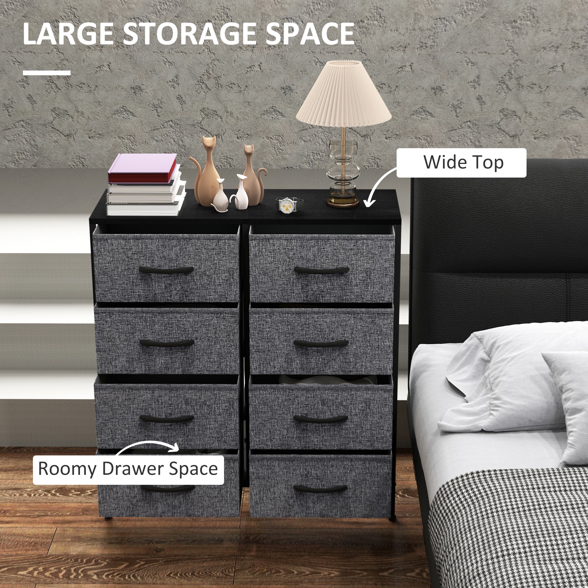 HOMCOM Fabric Chest of Drawers, Storage Drawers, Industrial Bedroom Dresser with 8 Fabric Drawers, Steel Frame and Wooden Top for Nursery, Living Room, Hallway, Black 