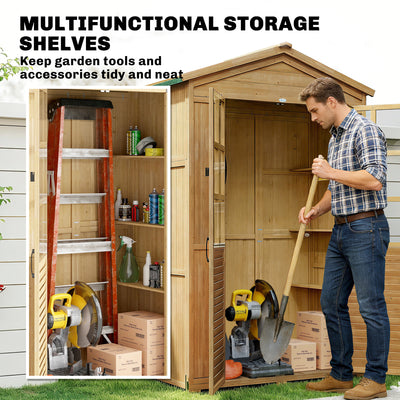 Outsunny Outdoor Wooden Storage Cabinet, Garden Tool Shed with Acrylic Windows for Patio, Light Brown 