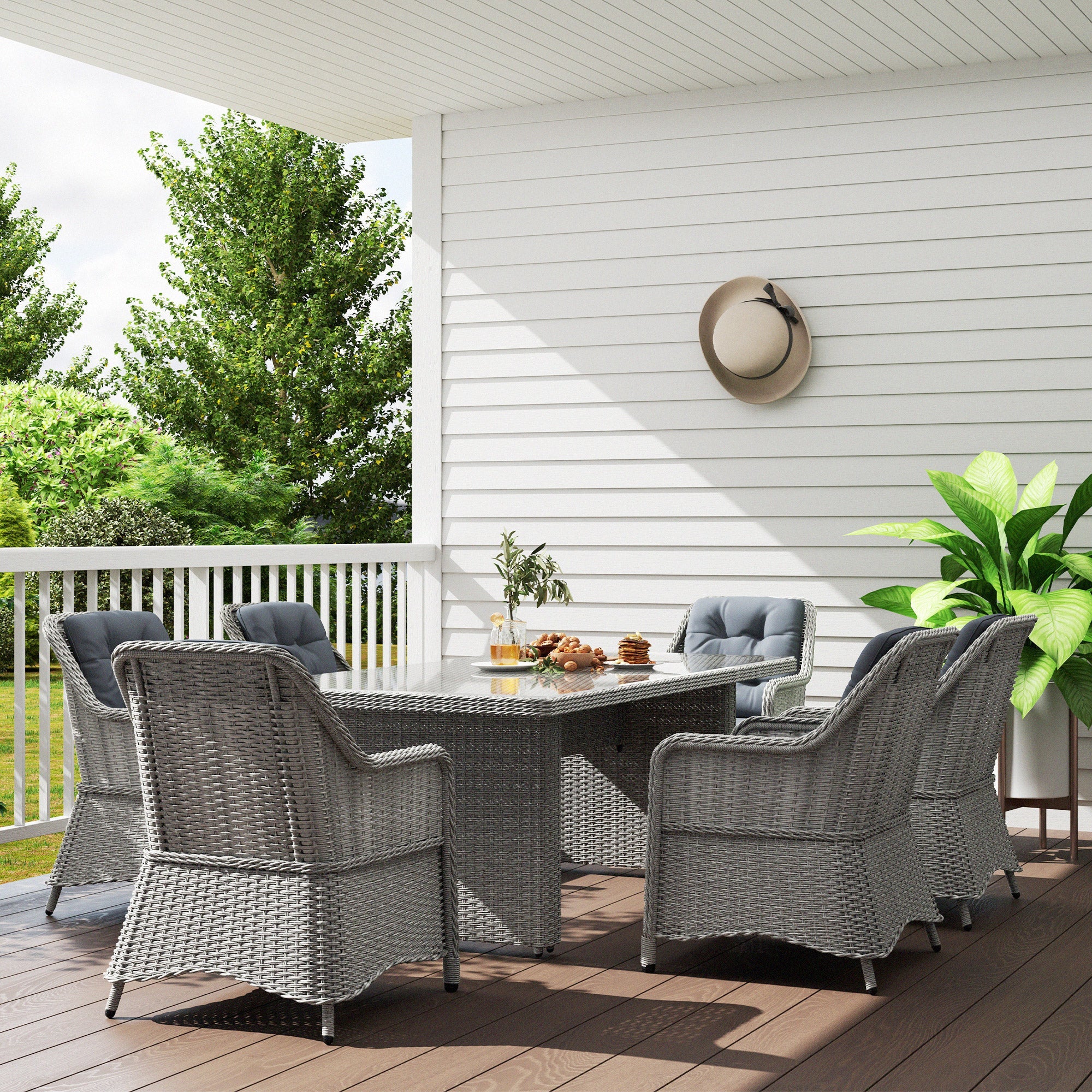 Outsunny 6 Seater Rattan Dining Set, Round PE Rattan Garden Furniture Set with Seat and Back Cushions, Aluminium Outdoor Dining Table and Chairs with 6 Armchairs, Rectangular Glass Top Table, Grey 