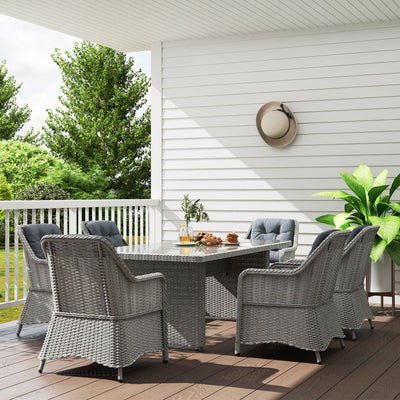 Outsunny 6 Seater Rattan Dining Set, Round PE Rattan Garden Furniture Set with Seat and Back Cushions, Aluminium Outdoor Dining Table and Chairs with 6 Armchairs, Rectangular Glass Top Table, Grey 