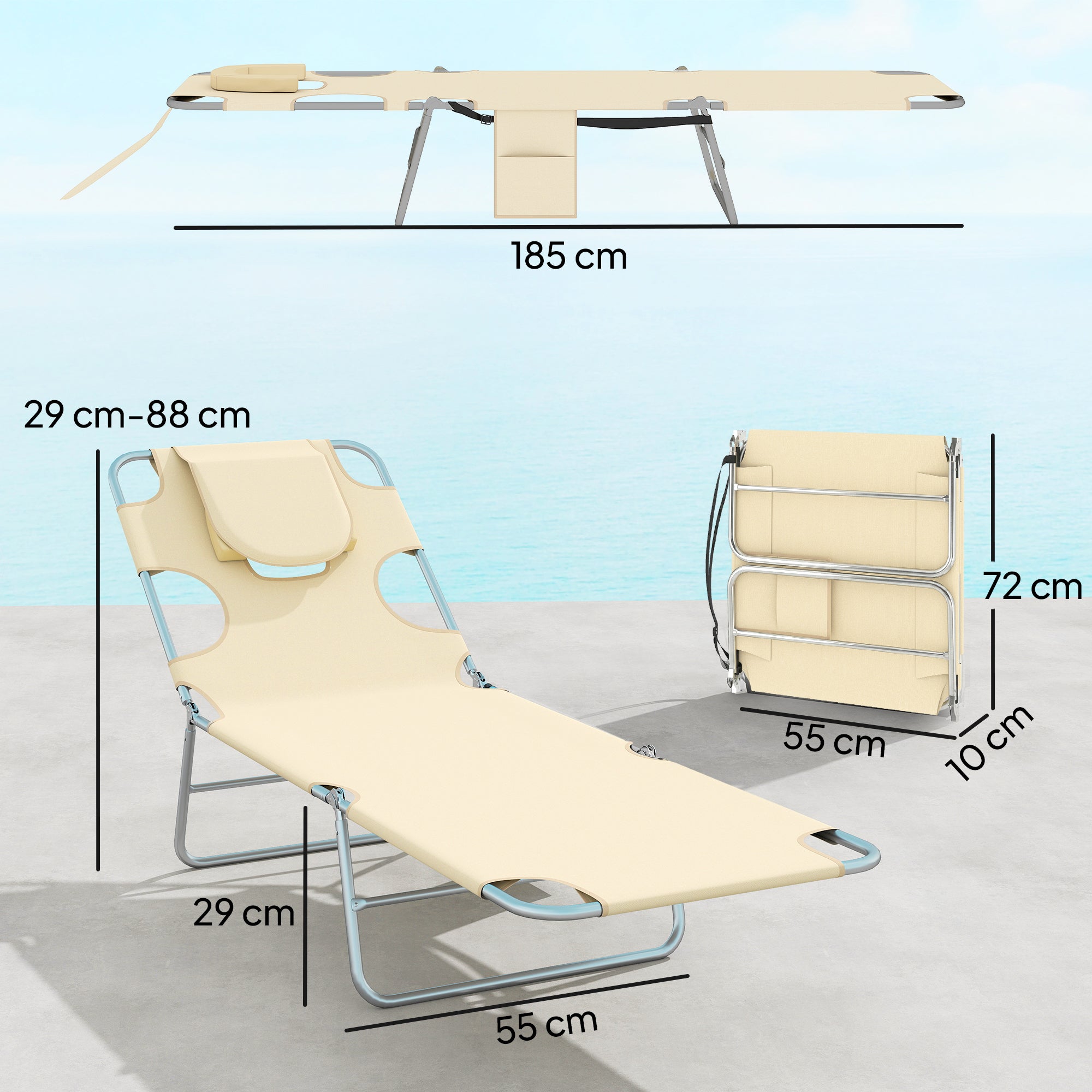 Outsunny 5-Position Adjustable Sun Loungers Set of 2 with Reading Hole and Side Pocket, Beige 