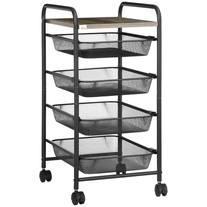 HOMCOM Storage Trolley on Wheels, Rolling Utility Serving Cart with 4 Mesh Trays for Living Room, Kitchen, Black 