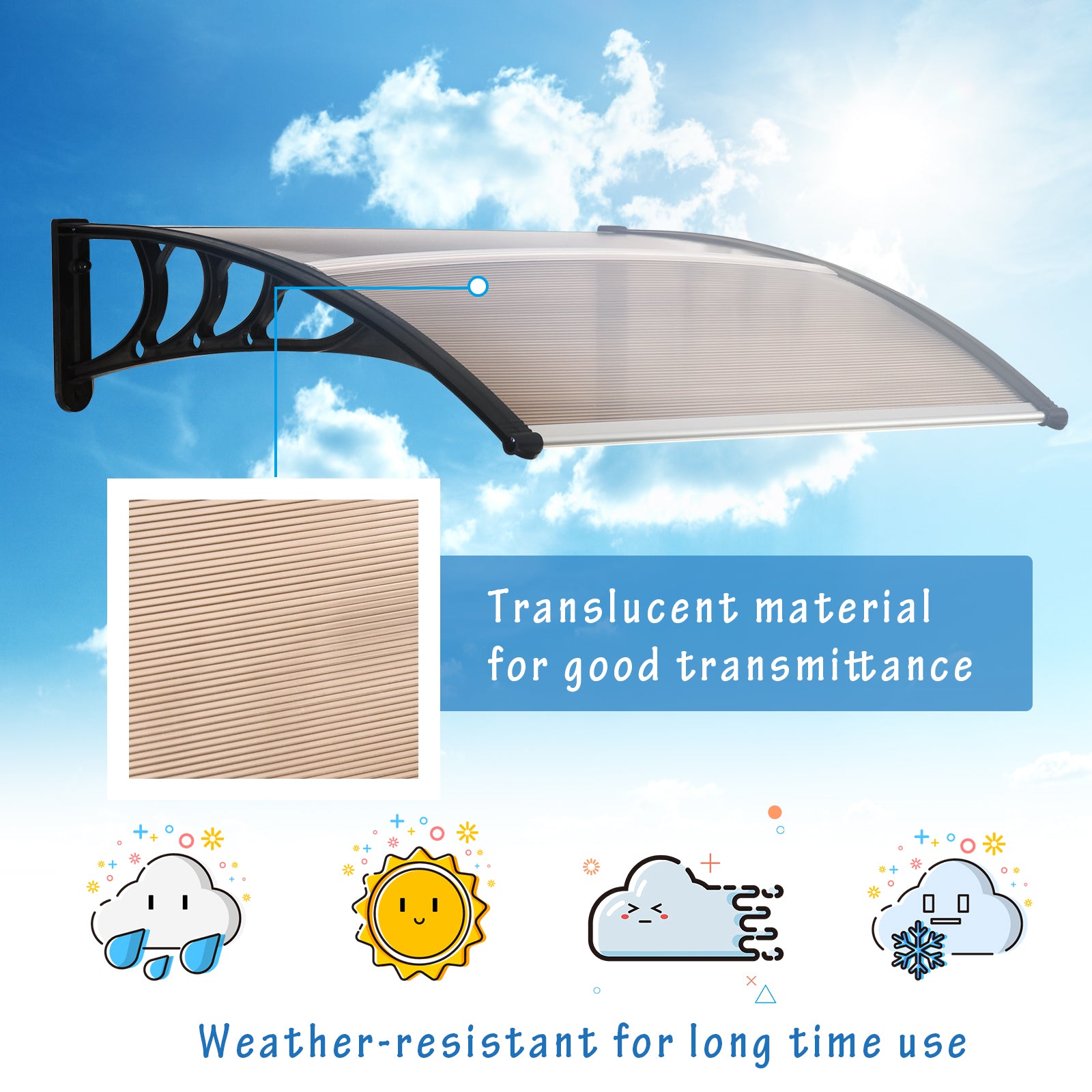 Outsunny Curved Window Door Canopy Aluminium Rigid Plastic Polycarbonate Fixed Outdoor Awning Modern Design UV Water Rain Resist 120 x 75cm Brown 