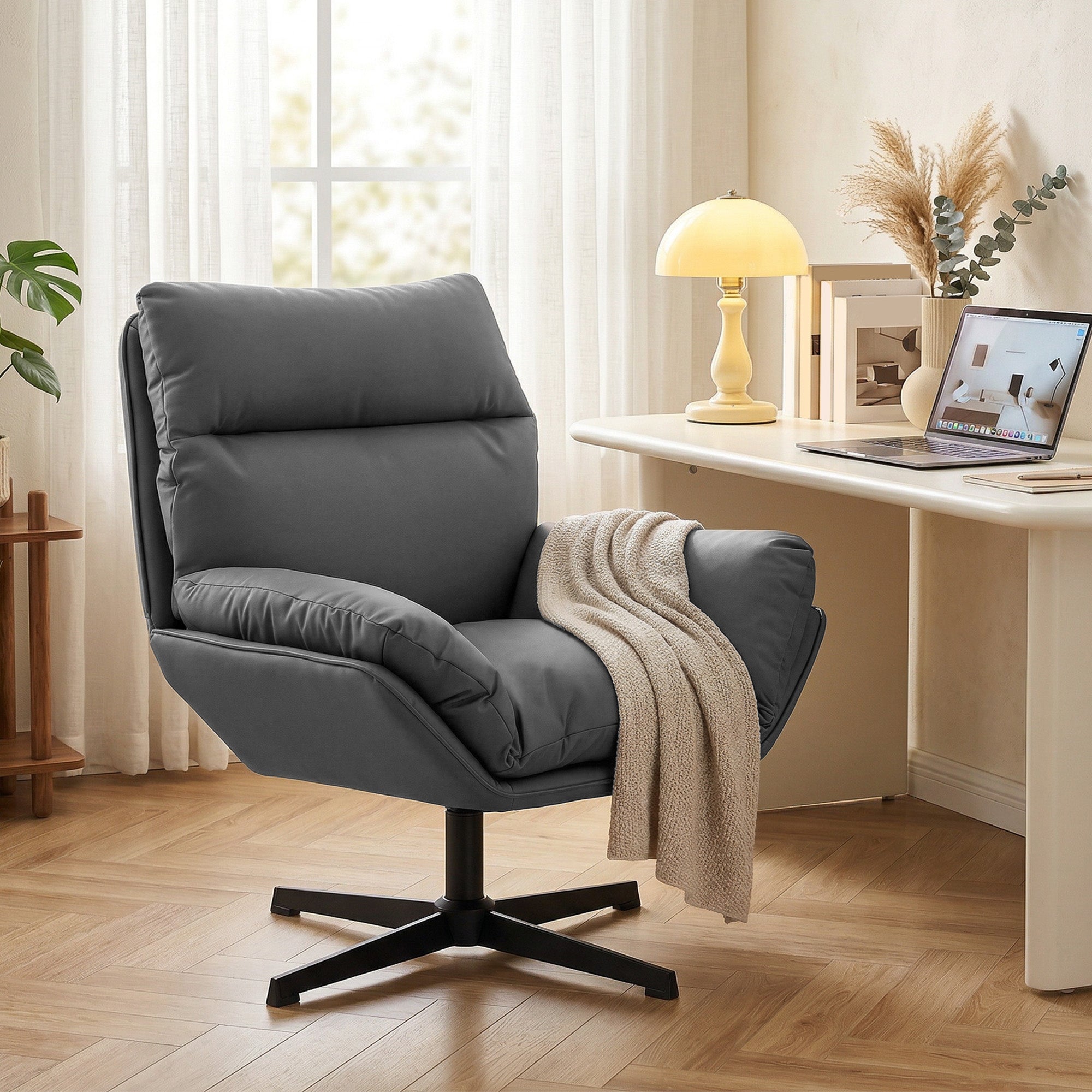 HOMCOM Accent Chair with 360 Swivel Armchair for Living Room with Padded Cushion Dark Grey 
