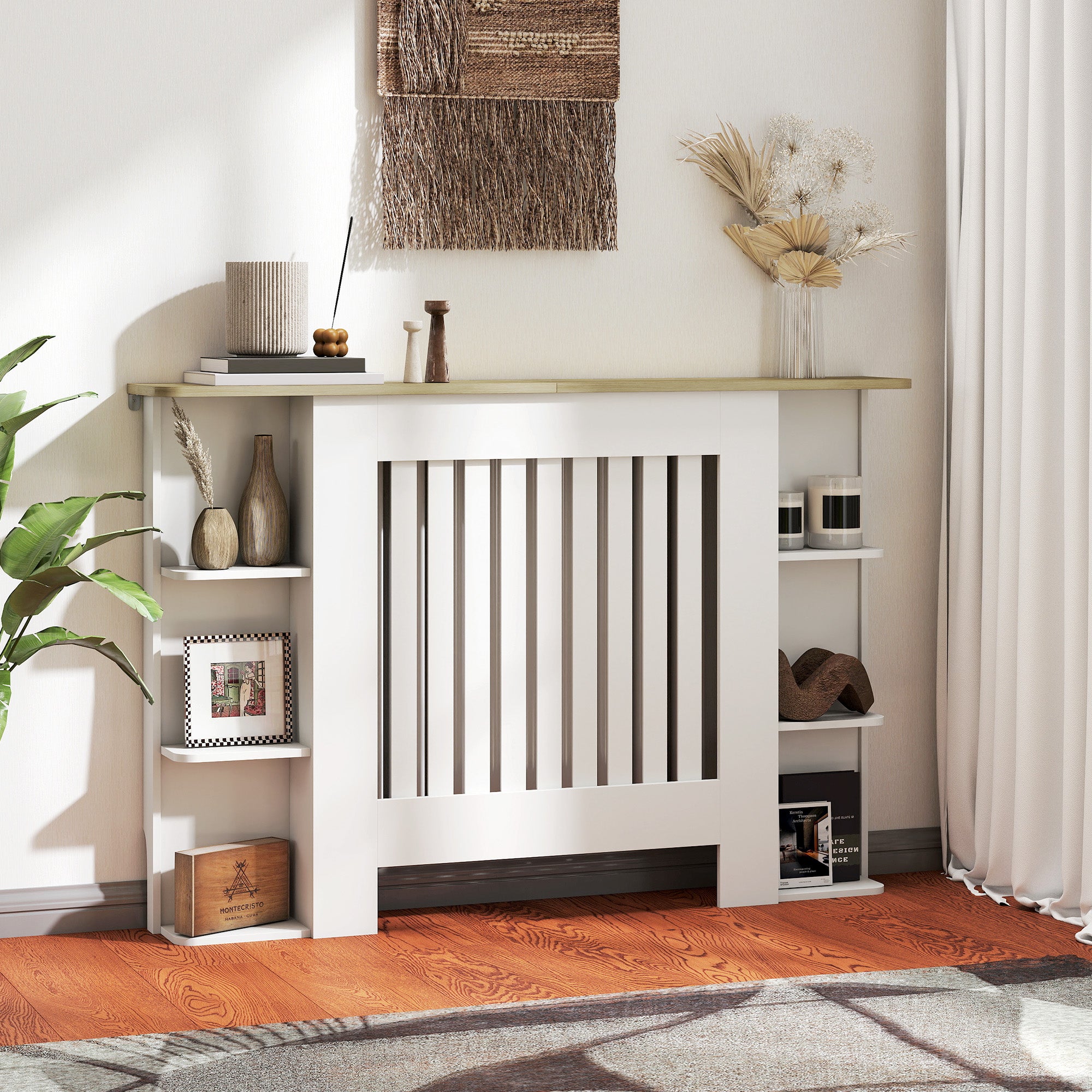 HOMCOM Radiator Cover with Open Storage Shelves, Vertical Slatted Cabinet Shelf Heater Cover for Living Room, Hallway, Medium, White 