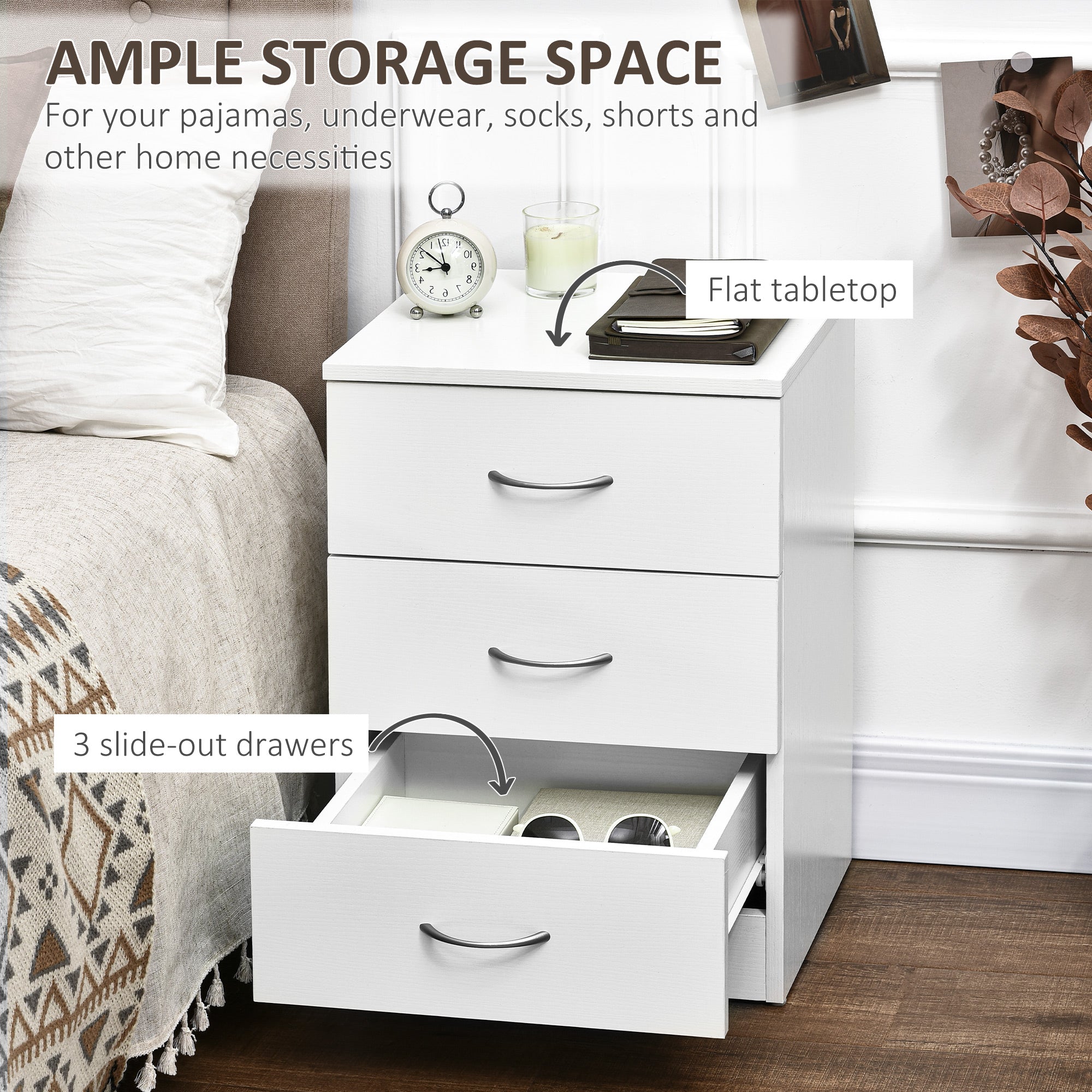 HOMCOM Three-Drawer Simple Bedside Table - White 