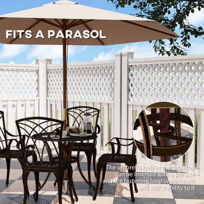 Outsunny 5 Pieces Garden Dining Set for 4, Cast Aluminium Outdoor Dining Set with 4 Armchairs and Round Dining Table with Parasol Hole, Garden Furniture Set, Bronze Tone 