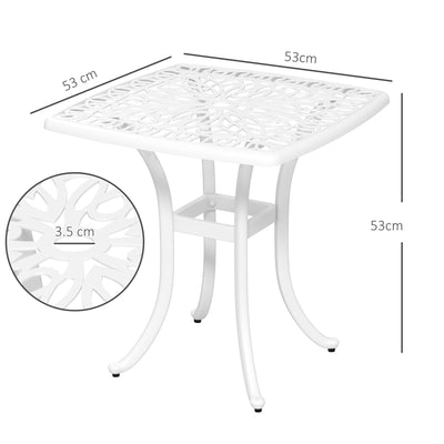 Outsunny Cast Aluminium Bistro Table, Outdoor Square Side Table with Umbrella Hole, Garden Table for Balcony, White 