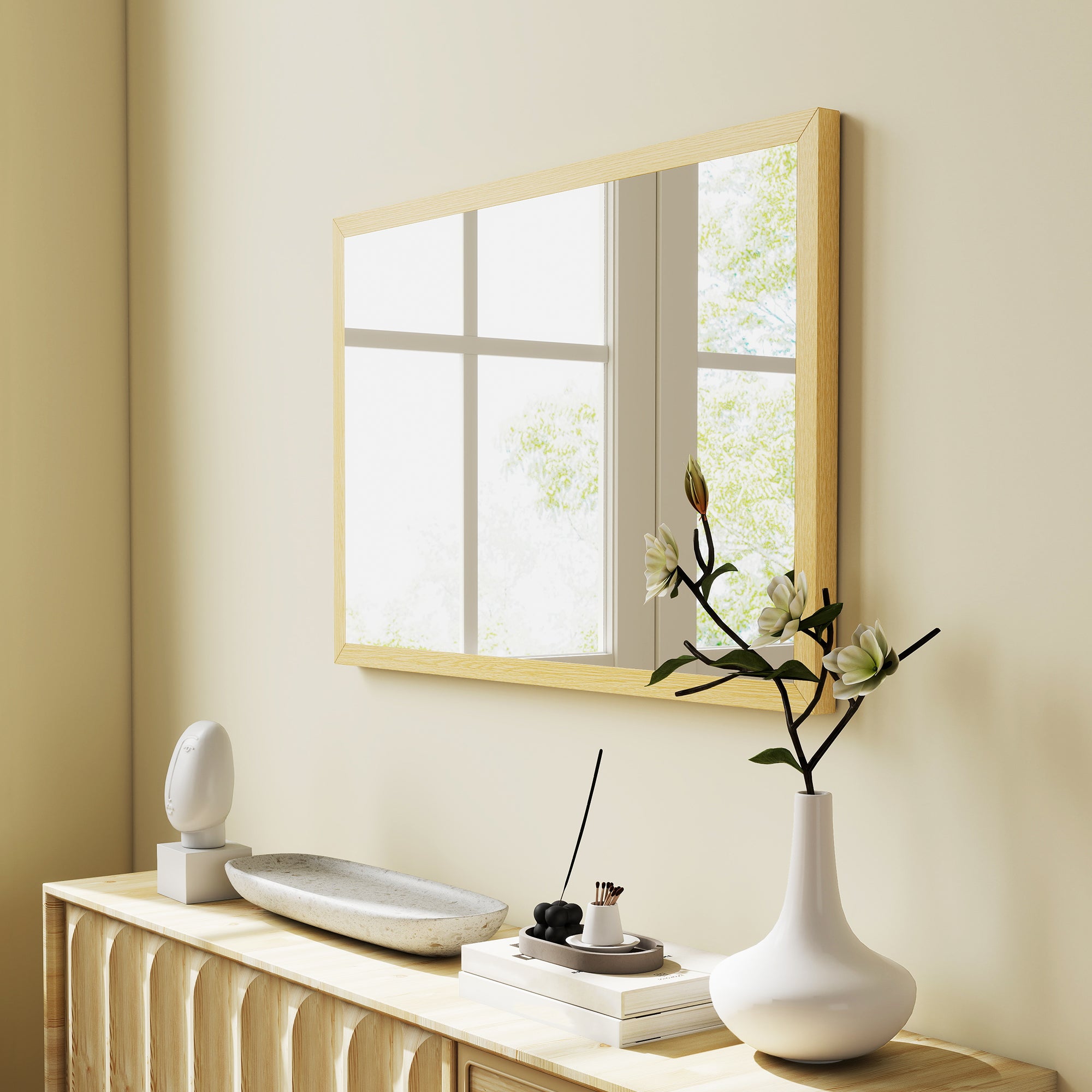 HOMCOM Wall Bathroom Mirror, 60 x 40 cm Wall-Mounted Mirror for Living Room, Bedroom, Hallway, Natural Wood Finish 