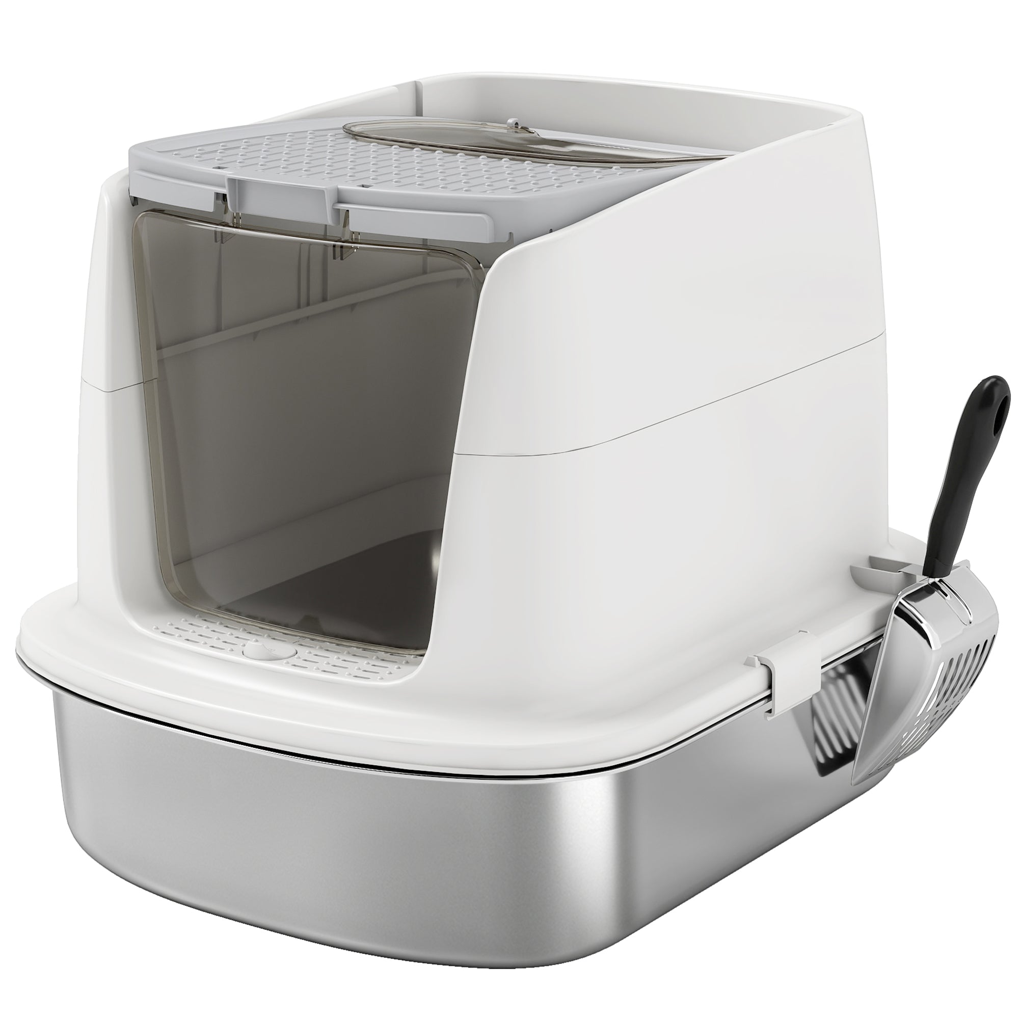 PawHut Large Stainless Steel Litter Box, Enclosed Metal Cat Litter Tray with Scoop, Deodoriser Bag, Front-Entry and Top-Exit